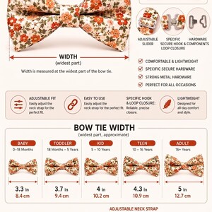 May include: A floral print bow tie with orange and red flowers on a cream background. The image displays sizing charts with widths ranging from 3.3 inches to 5 inches, adjustable metal hardware, a hook and loop closure, and a matching neck strap.