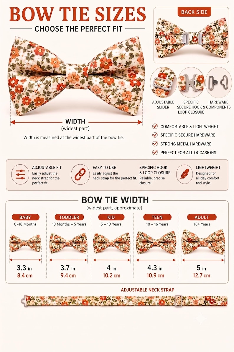 May include: A floral print bow tie with orange and red flowers on a cream background. The image displays sizing charts with widths ranging from 3.3 inches to 5 inches, adjustable metal hardware, a hook and loop closure, and a matching neck strap.