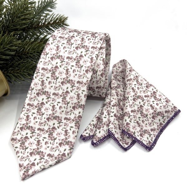 Dusty Rose Floral Necktie, Mauve Necktie, Slim Necktie, Linen Necktie, Mens Necktie, Groomsmen Necktie, Matched Pocket square