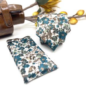 Floral Necktie: Teal Blue, Sage Green, and Brown - Slim Wedding Tie