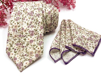 Lilac Floral Necktie, Olive Green Necktie, Slim Necktie, Mens Necktie, Groomsmen Necktie, Matched Pocket square, Matched Bowtie