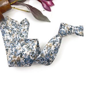 Dusty Blue Floral and Elegant Ecru Background Slim Neckties for Groom and Groomsmen, Perfect for Weddings, Pocket Square Optional