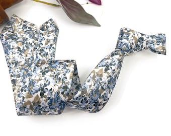 Dusty Blue Floral and Elegant Ecru Background Slim Neckties for Groom and Groomsmen, Perfect for Weddings, Pocket Square Optional
