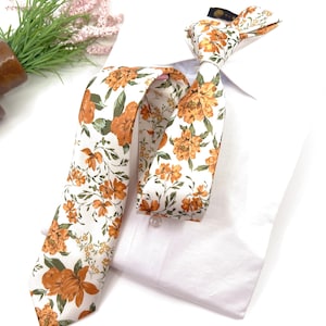 Burnt Orange Floral Slim Necktie: Ecru Green Wedding Tie