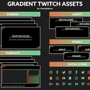 Stream Package | Orange & Green ( Twitch / Youtube / Facebook ) Gradient Stream Package - Screen, Overlay, Panels, Alerts and more!