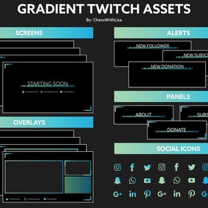 ストリーム パッケージ | グリーン & ブルー (Twitch / Youtube / Facebook) グラデーション ストリーム パッケージ - 画面、オーバーレイ、パネル、アラートなど!