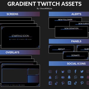 Stream Package | Blue & Dark Purple ( Twitch / Youtube / Facebook ) Gradient Stream Package - Screen, Overlay, Panels, Alerts and more!