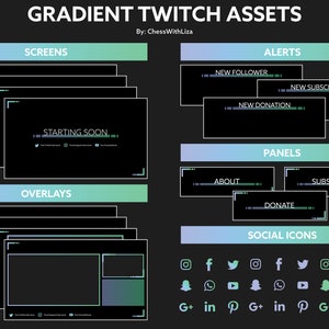 Stream Package | Purple & Green ( Twitch / Youtube / Facebook ) Gradient Stream Package - Screen, Overlay, Panels, Alerts and more!