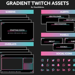 Stream Package | Pink & Turquoise ( Twitch / Youtube / Facebook ) Gradient Stream Package - Screen, Overlay, Panels, Alerts and more!