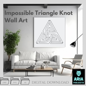 May include: A white framed print featuring a black and white impossible triangle knot design. The text "Impossible Triangle Knot Wall Art" is above the print. Below the print are digital download file type icons. The image is in a modern living room setting.