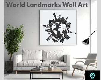 May include: A framed black and white print of world landmarks, including the Eiffel Tower and the Statue of Liberty, hangs above a white sofa. The text "World Landmarks Wall Art" is at the top. The image is a digital download.