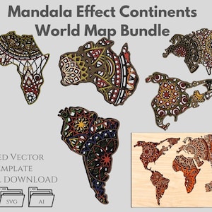 Mandala World Map Continents Bundle: Laser Cut Vector Files (DXF, SVG, AI)