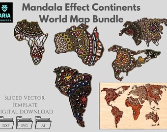 Mandala World Map Continents Bundle: Laser Cut Vector Files (DXF, SVG, AI)