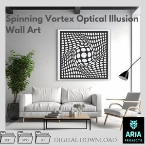 May include: Black and white spinning vortex optical illusion wall art. The artwork features a swirling pattern of dots, creating a visual effect. The image is framed in a white border and hangs on a white wall. The text "Spinning Vortex Optical Illusion Wall Art" is at the top.