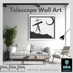 Könnte beinhalten: Schwarz-weiß Wandkunst-Druck mit einer Teleskop-Silhouette, einem Stern und einem Halbmond. Der Text "Telescope Wall Art" steht oben. Digitaler Download.