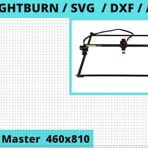 May include: A black laser cutter with a red button on the front. The cutter is on a white grid background. The text "LIGHTBURN / SVG / DXF / AI" is at the top of the image. The text "Neje Master 460x810" is at the bottom of the image. The text "ARIA PROJECTS" is in the lower right corner of the image.