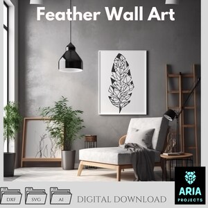 May include: A framed black and white feather wall art print. The image features a geometric feather design on a white background. The words "Feather Wall Art" are at the top. The image is a digital download.