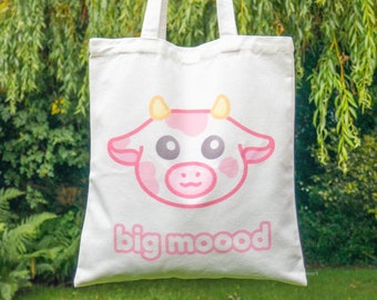 Cow Tote Bag | Funny Shoulder Bag, Slogan Tote Bag, Kawaii Accessories, Cute Animal Gifts, Cotton Shopping Bag, White Canvas Tote, Pink Cow