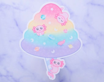 Cotton Candy Sticker | Cute Axolotl Sticker, Kawaii Dessert, Pastel Rainbow Decor, Amphibian Gift, Waterproof Decal, Glossy Vinyl Sticker