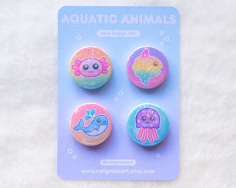 Ocean Badge Pack | Set of 4 Pinback Buttons, Whale Brooch, Holographic Jellyfish, Kawaii Axolotl, Backpack Accessories, 1 Inch Pins (25mm)