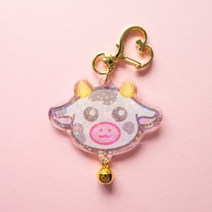 Cow Keyring | Holographic Keychain, Dairy Cow Art, Bell Keychain, Kawaii Accessories, Cottagecore Decor, Farm Animals, Vegan Gift