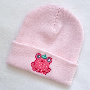 Frog Beanie | Strawberry Frog, Embroidered Beanie, Cute Hat, Kawaii Fashion