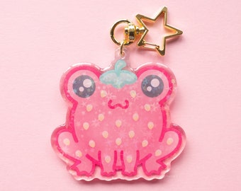 Strawberry Frog Keyring | Holographic Keychain, Kawaii Bag Charm, Cottagecore Decor, Animal Accessories, Cute Frog Gifts For Kids