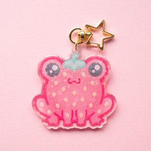 Erdbeerfrosch Schlüsselanhänger | Holographische Schlüsselanhänger, Kawaii Taschen Anhänger, Cottagecore Dekor, Tier Accessoires, süße Frosch Geschenke für Kinder