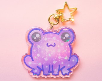 Frog Keyring | Holographic Keychain, Space Accessories, Kawaii Acrylic Charm, Frog Lover Gifts, Cute Animal Art, Galaxy Artwork, Toad Decor