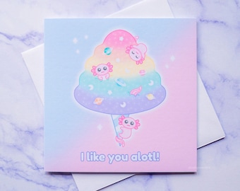 Axolotl Card | Funny Greetings Card, Kawaii Animals, Dessert Illustration, Cotton Candy Art, Pastel Artwork, Cute Valentines Gift For Her