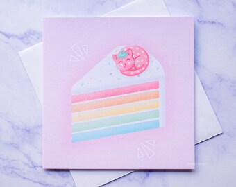 Birthday Cake Card | Cute Greetings Card, Rainbow Stationery, Dessert Illustration, Kawaii Food Art, Congratulations Gift For Best Friend