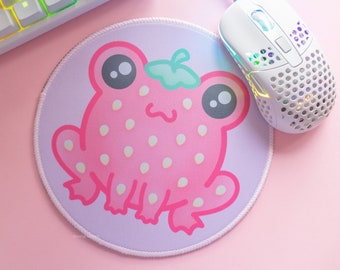 Strawberry Frog Mouse Pad | Cute Desk Accessory, Computer Mousepad, Round Mouse Mat, Office Decoration, Aesthetic Room Decor, Gamer Gifts