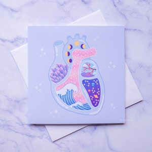 Biglietto di auguri con cuore anatomico / regalo di San Valentino per la fidanzata, illustrazione anatomica, estetica pastello, biglietto di anniversario per lei