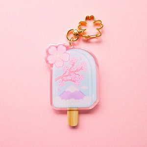 Ice Cream Keyring | Sakura Keychain, Cherry Blossom Gift, Kawaii Acrylic Charm, Flower Accessories, Japan Aesthetic, Glitter Keychain