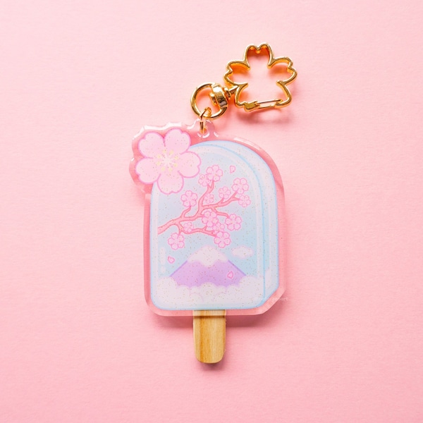 Eis Schlüsselring | Sakura Schlüsselanhänger, Kirschblüten Geschenk, Kawaii Acryl Charm, Blumen Zubehör, Japan Ästhetik, Glitter Schlüsselanhänger
