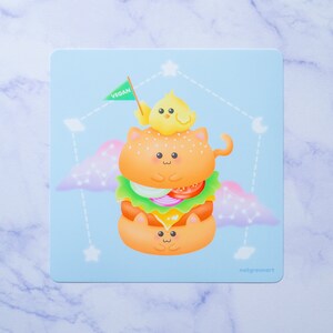 Vegan Burger Print | Fast Food Art, Cat Illustration, Cute Mini Print, Cheeseburger Poster, Kawaii Decoration, Vegetarian Gift