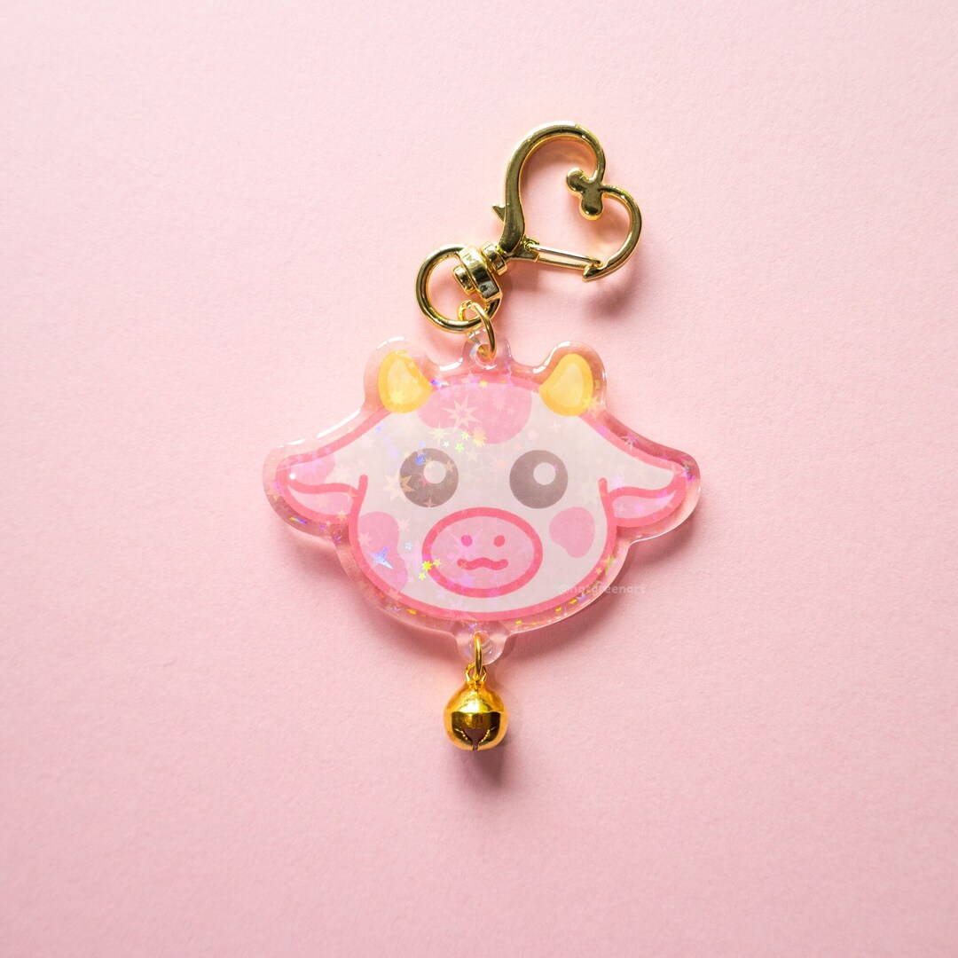 Cow Bell Key Chain Cow Keyring | Holographic Keychain, Pink Cow Keychain, Bell Keychain ...