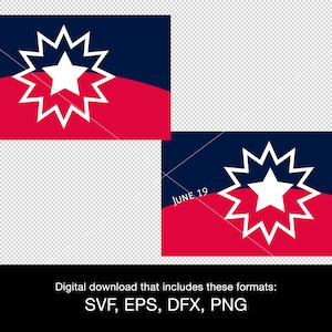 May include: A red, white, and blue flag with a white star in the center of a 12-pointed star. The text "JUNE 19" and "1865" are on the flag.