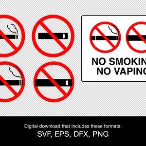 Puede incluir: Cuatro señales circulares rojas con una línea diagonal que atraviesa un cigarrillo y un cigarrillo electrónico. Las señales dicen "No Smoking No Vaping".