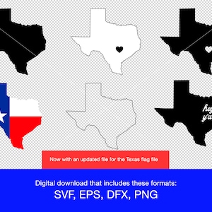 May include: A digital download of six different Texas state outline designs. The designs include a black outline, a white outline, a Texas flag outline, a black outline with a heart, a white outline with a heart, and a black outline with the text "hey y'all".