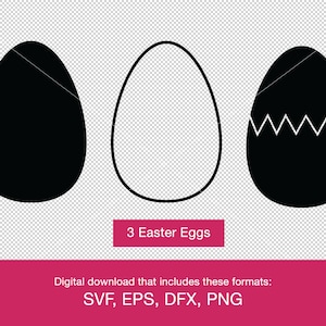 May include: Three black Easter egg silhouettes. One egg is whole, one is cracked open, and one is an outline.