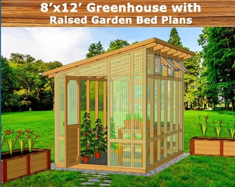 8 x 12 Gewächshaus-Pläne mit erhöhten Gartenbeet-Plänen DIY-Bauanleitung, Schritt-für-Schritt-Anleitung, Sofort-Download