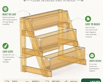 Planos para jardineras de 3 niveles (hazlo tú mismo) / Proyectos de carpintería para jardines verticales, soporte para plantas escalonado para construir en el patio trasero.
