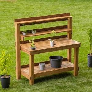 Peut inclure: Un banc de travail de jardin en bois avec une &eacute;tag&egrave;re et un plateau de table. Le banc a trois plantes en pot sur l'&eacute;tag&egrave;re et une plante en pot sur le plateau de table. Le banc est sur une pelouse verte.