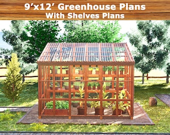 Könnte beinhalten: Ein Holzgewächshaus, ca. 2,74m x 3,66m, mit Regalen voller Topfpflanzen, in einem Garten. Der Text oben lautet "9'x12' Greenhouse Plans With Shelves Plans". Es hat ein Wellblechdach und steht auf einem Betonfundament.