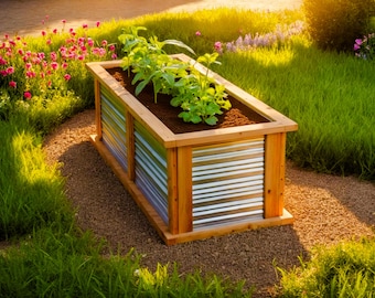 Planos de bancales elevados: Jardinera moderna de madera y metal (Descarga PDF)