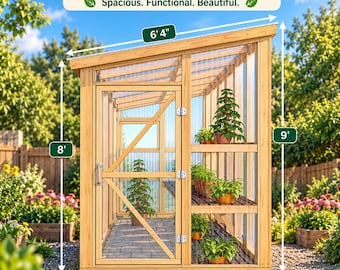 May include: A wooden greenhouse structure with transparent panels, a single door, and interior shelving holding potted plants. The image includes text labels 6x12 Greenhouse Plans, 6' 4", 8', 9', and 6' indicating dimensions in feet and inches.