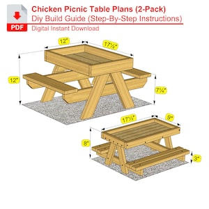 May include: Diagram of two wooden chicken picnic tables. The larger table is 44.5 cm long, 30.5 cm high, and 30.5 cm wide. The smaller table is 44.5 cm long, 20.3 cm high, and 22.9 cm wide. Text at the top reads "Chicken Picnic Table Plans (2-Pack)".