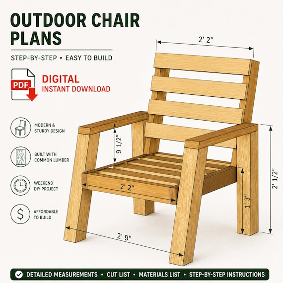 DIY Garden Chair Plans: Easy Woodworking Project, Outdoor Furniture, Patio Adirondack Chair Style | Step-By-Step