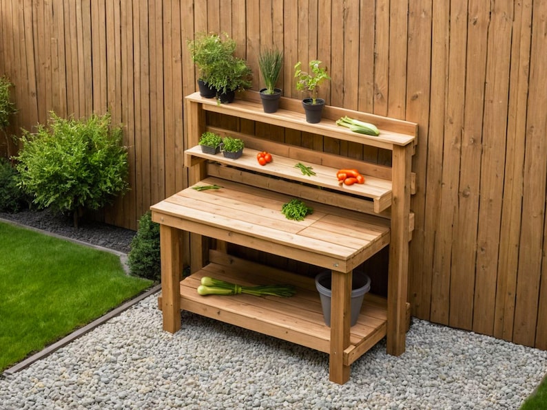 Peut inclure: Un banc de travail de jardin en bois avec deux &eacute;tag&egrave;res et une &eacute;tag&egrave;re inf&eacute;rieure. Le banc est en bois naturel et a un aspect rustique. Il y a des plantes et des l&eacute;gumes sur les &eacute;tag&egrave;res.